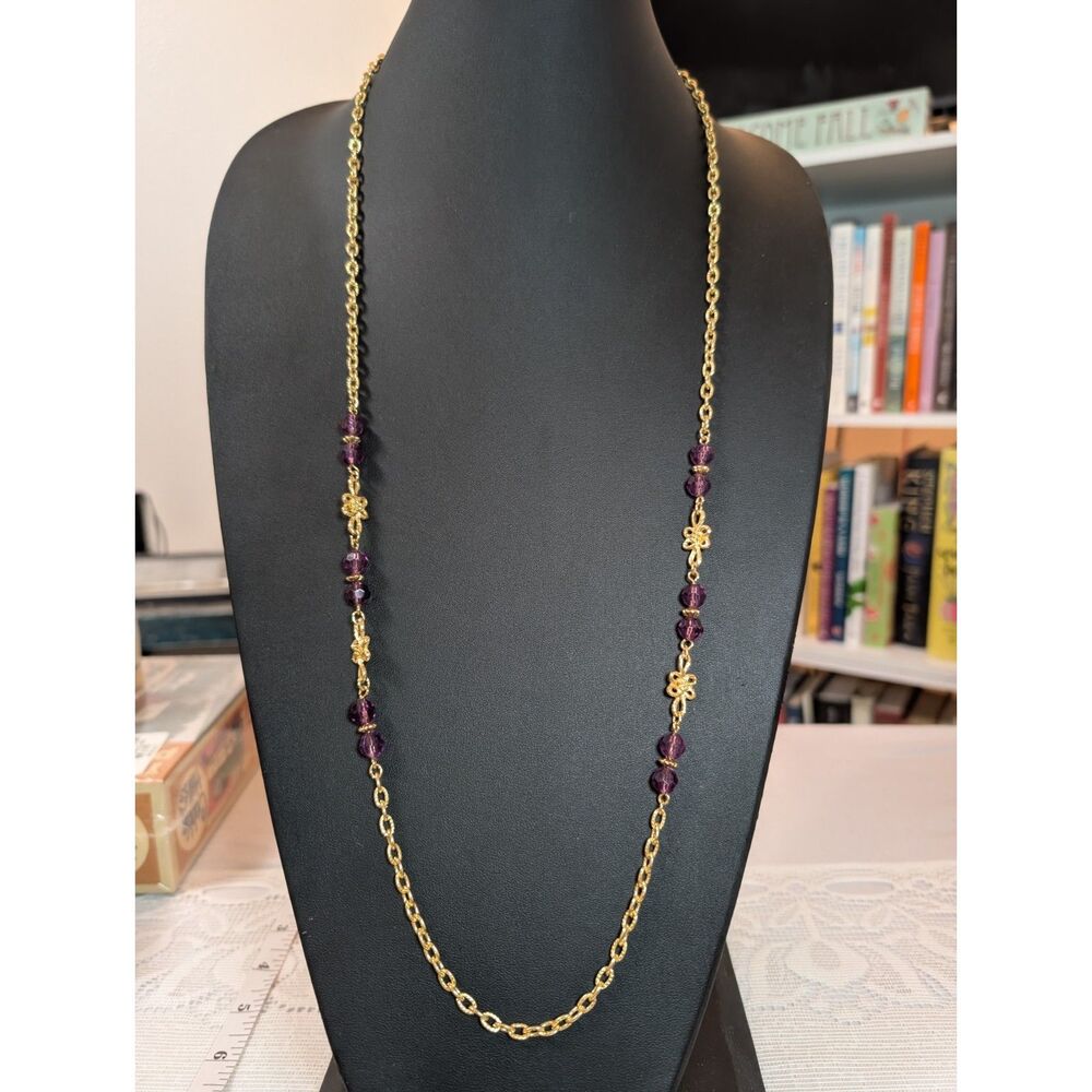 VTG Avon Gold Tone Purple Beaded Flower Station Opera Necklace 36"
